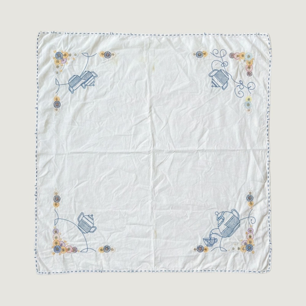 Vintage Hand Embroidered White Square Tea Tablecloth Floral Teapot 32x32